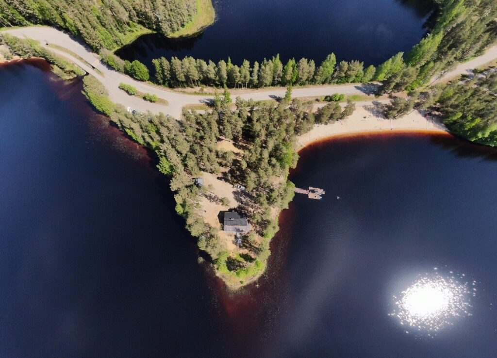 kaunisniemi ylhäältä kuvattua, niemi ja järvi, mäntyjä ylhäältäpäin