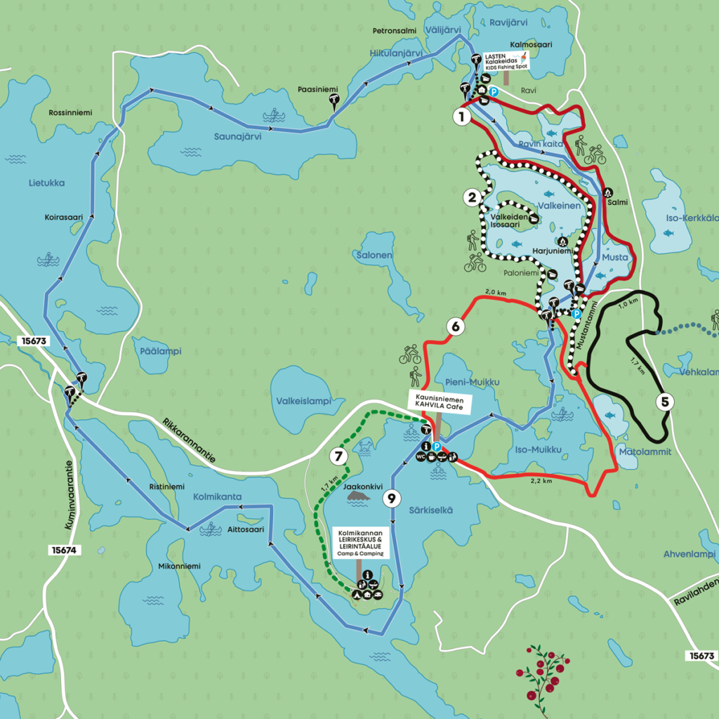 Kolmikannan leirintäalueen ja leirikeskuksen sekä Kaunisniemen kahvilan ja Erä- ja luontokeskuksen kartta.