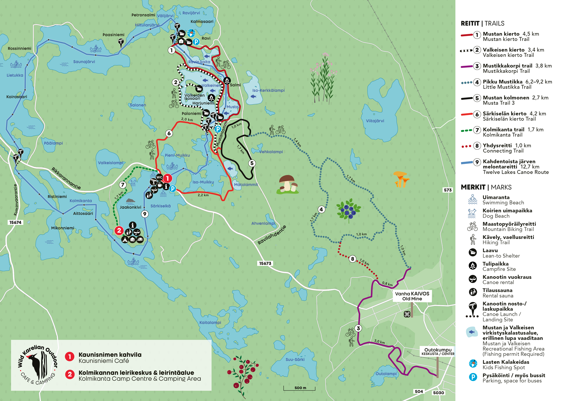 Kartta Kolmikannan leirikeskus ja leirintäalue, Kaunisniemen kahvila ja Erä- ja luontokeskus